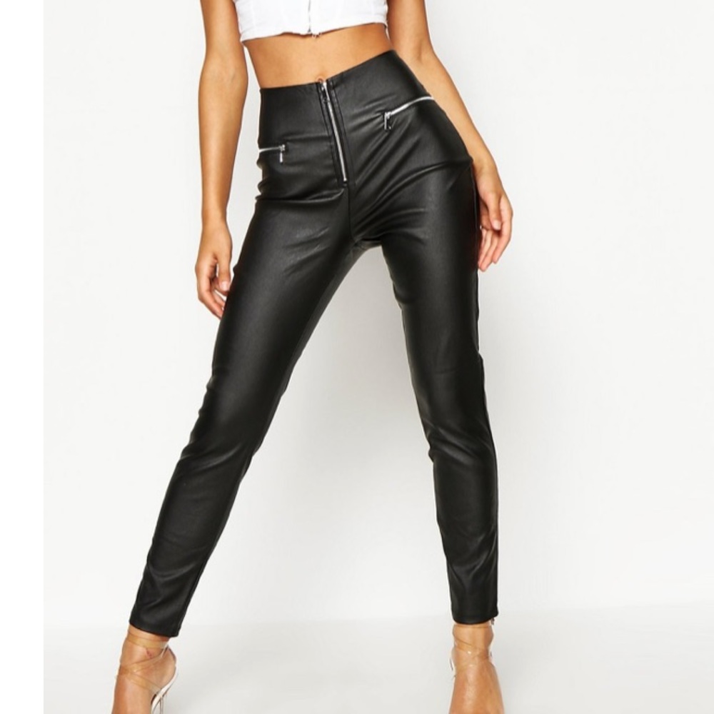 NWOT Boohoo High Waist Faux Leather Zip Side Pants